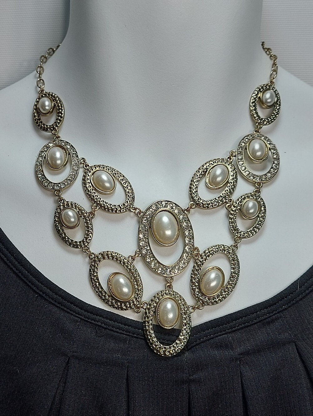 Vintage Gold Tone Faux Pearl Rhinestone Bib Statement Necklace Chunky Costume